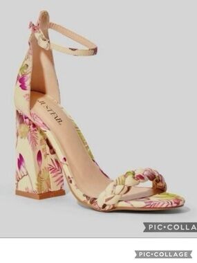 JustFab Tami Sandal Floral Yellow Ankle Strap Block Heel 10 Garden Cocktail